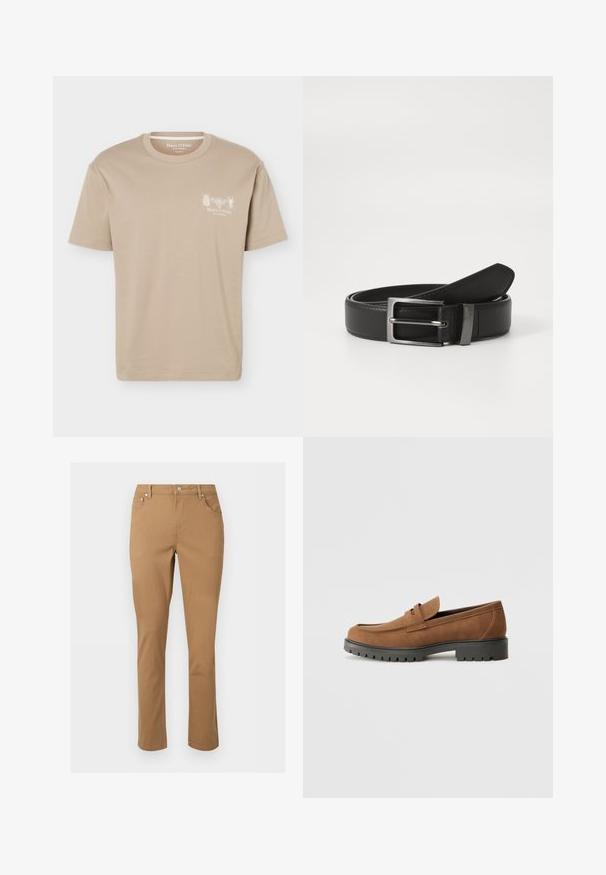 T-shirt beige à manches courtes avec col rond, présentant de petits motifs d'insectes et le logo "Marc O'Polo" sur la poitrine gauche.; Pantalon marron à jambes droites avec poches avant, passants ceinture, fermeture éclair et bouton sur un fond clair uni.; Mocassins en daim marron avec un bout arrondi et une semelle noire en caoutchouc basse, présentant une sangle décorative et des détails de couture sur le dessus.; Ceinture en cuir noir avec une boucle en métal argenté, présentant une finition lisse et un design classique. La ceinture est soigneusement pliée.