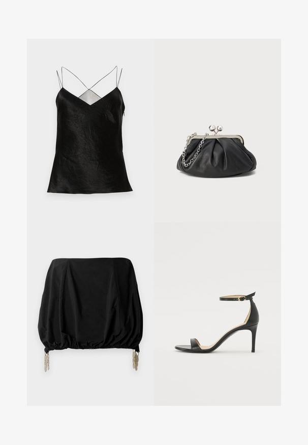 Sort ærmeløs top med krøllet tekstur, V-udskæring og tynde krydsende stropper. Fremstillet af letvægtsstof for en flydende finish.; Sort cropped top med en samlede design, med elastisk kant og metalliske clips som detaljer. Fremstillet af et letvægtsstof.; Sort læder højhælede sandaler med ankelrem. Har en glat tekstur, åben tå og en tynd hæl. Guldtonet spænde detalje.; Sort læder clutch med samlet tekstur, sølvfarvet metalramme, kys-lås lukning og kædestrop. Glat, blød overflade.