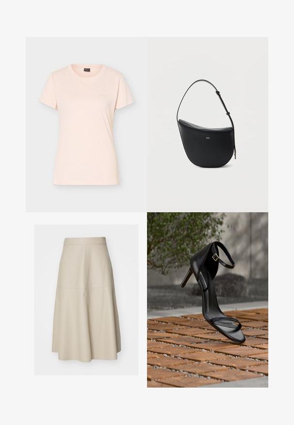T-shirt rose clair à manches courtes avec col rond, petit logo BOSS embossé sur la poitrine gauche et étiquette noire à l'intérieur du col.; Jupe midi beige en A avec coutures visibles et taille ajustée, réalisée en matériau lisse imitation cuir.; Sandale noire à talon haut avec sangle à la cheville, suspendue au-dessus d'un sol en carreaux de bois à l'extérieur, avec un arrière-plan flou de verdure et de pierre.; Sac à bandoulière en cuir noir en forme de demi-lune avec une bandoulière réglable et le logo doré « BOSS » centré sur le devant.