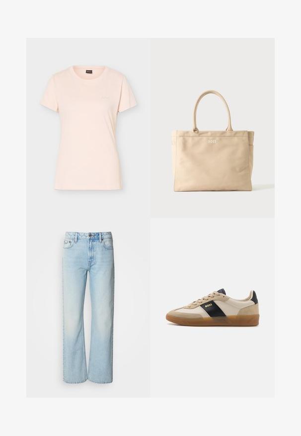 T-shirt rose clair à manches courtes avec col rond, petit logo BOSS embossé sur la poitrine gauche et étiquette noire à l'intérieur du col.; Jeans à jambes larges bleu clair en denim, présentant un design classique à cinq poches et une texture légèrement décolorée. La couture en denim est visible.; BOSS BRENTA - Baskets basses - medium beige; Sac fourre-tout rectangulaire beige avec deux poignées et logo "BOSS" brodé en blanc au centre avant. Texture de tissu simple et douce.
