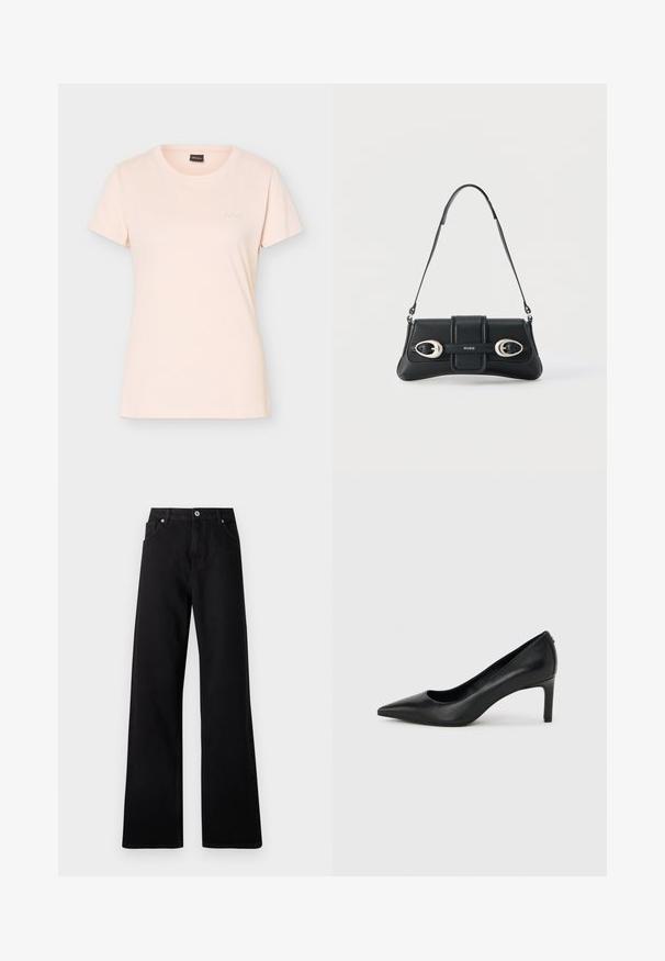 T-shirt rose clair à manches courtes avec col rond, petit logo BOSS embossé sur la poitrine gauche et étiquette noire à l'intérieur du col.; Jean large noir en denim avec un design à cinq poches, fermeture à bouton à l'avant et détails de couture subtils.; Escarpin à bout pointu en cuir noir avec un talon fin de hauteur moyenne sur un fond gris clair uni.; Sac bandoulière en cuir noir avec deux boucles en argent et une bandoulière ajustable, arborant le logo "HUGO" au centre devant.