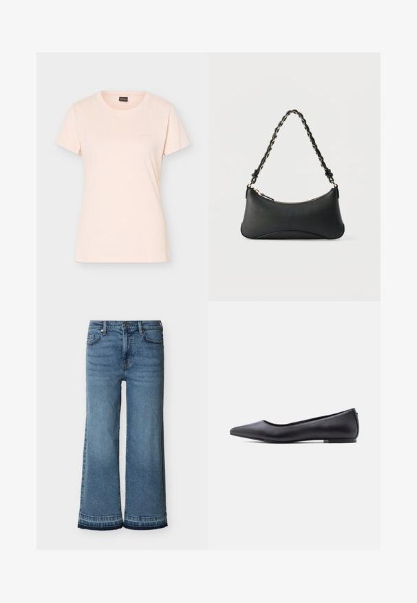 T-shirt rose clair à manches courtes avec col rond, petit logo BOSS embossé sur la poitrine gauche et étiquette noire à l'intérieur du col.; Jean en denim bleu taille haute à jambes larges avec fermeture à boutons et zip, poches avant, passants pour ceinture et ourlets cousus.; Chaussure plate en cuir noire à bout pointu avec petit talon, vue de profil sur fond blanc.; Sac à bandoulière en cuir noir de forme rectangulaire incurvée, avec une chaîne dorée tissée dans la bandoulière noire tressée et une fermeture éclair sur le dessus.