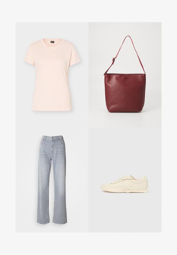 Hellrosa kurzärmliges T-Shirt mit Rundhalsausschnitt, kleinem geprägtem BOSS-Logo auf der linken Brust und schwarzem Etikett im Kragen.; Helle graue High-Waist-Jeans mit weit geschnittenem Bein, aus Denim. Verfügt über Fronttaschen, einen Reißverschluss und dezente Ausbleichungen an verschiedenen Stellen.; Niedrig geschnittener, cremefarbener Sneaker mit wellenförmiger Naht, Schnürverschluss und einer profilierten Sohle, seitlich auf einem einfarbigen Hintergrund dargestellt.; Rote Lederhandtasche mit glatter Textur, rechteckiger Form und einem verstellbaren Trageriemen. Mit einem geprägten Logo auf der Vorderseite.
