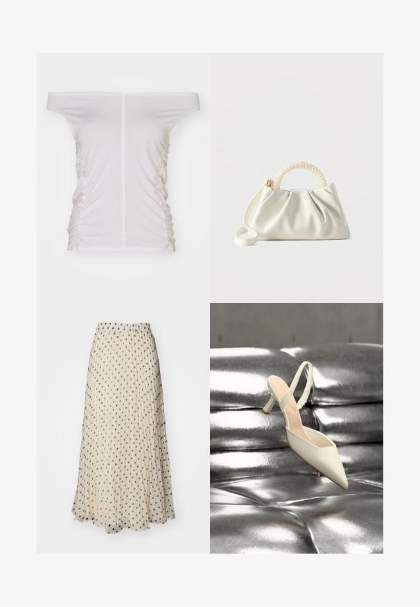 White off-the-shoulder top, gathered side detailing, soft fabric, fitted design, and a straight neckline.; Pleated maxi skirt in cream fabric, featuring evenly spaced dark polka dots. Elastic waistband for comfort and flowy hemline.; Single white pointed-toe slingback high heel shoe resting on a shiny, metallic silver tufted surface.; Small white handbag with a ruched body, round handle adorned with pearls, and a detachable shoulder strap on a plain background.