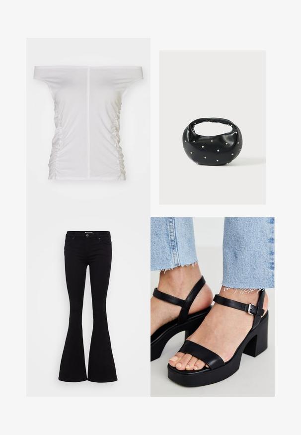 Hvid off-the-shoulder top, samlet side detaljer, blødt stof, tætsiddende design og lige halsudskæring.; Sorte flared jeans med en glat stof, medium taljehøjde, forlommer og en knaplukning. Nederdelen flarer ud i bunden.; ALDO CELIE - Højhælede sandaletter / Højhælede sandaler - black; Sort læderhåndtaske med en rundet form, dekoreret med sølvnitter, og et kort håndtag. Glat tekstur og lynlåslukning.