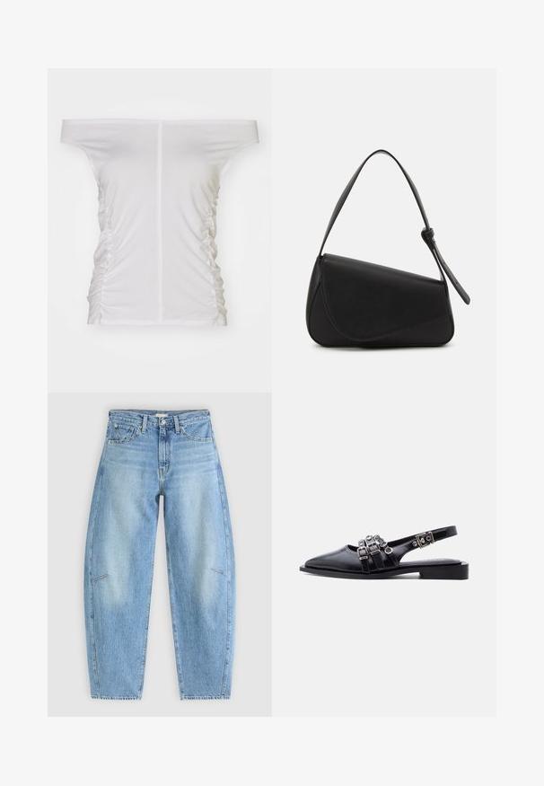 Hvid off-the-shoulder top, samlet side detaljer, blødt stof, tætsiddende design og lige halsudskæring.; Lyseblå denimjeans med en afslappet pasform, der har høj talje, lige ben og diskrete syninger på frontlommen.; Sort læder spaet tå slingback flad med tre spændestropper og sølvhardware på hvid baggrund.; Sort læderhåndtaske med en triangular form, skrå klap og et rundt håndtag. Har en glat overflade og minimalistiske design detaljer.