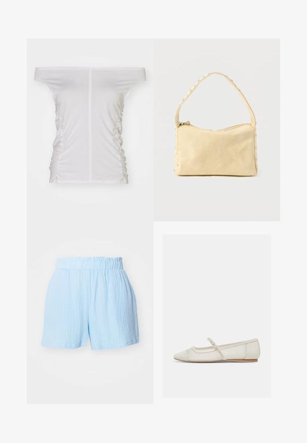 Hvid off-the-shoulder top, samlet side detaljer, blødt stof, tætsiddende design og lige halsudskæring.; Lyseblå teksturerede shorts med elastisk indsamlingslinning og afslappet pasform.; Off-white flad sko med spids tå, perlebesat rem og lav træhæl, sidevisning på lys baggrund.; Lille beige læderhåndtaske med en enkelt rem og sølvnitter langs kanterne og remmen, sat mod en ensfarvet baggrund.