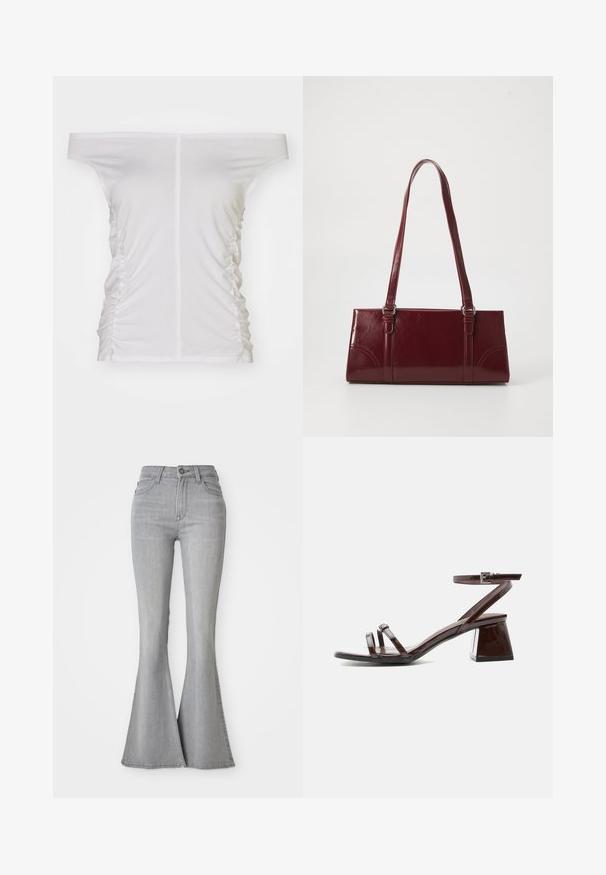 Hvid off-the-shoulder top, samlet side detaljer, blødt stof, tætsiddende design og lige halsudskæring.; Højtaljede lysegrå denim jeans med flared ben, frontknap, lynlås og for- samt baglommer.; Mørkebrune laklædersandal med blokhæl, ankelrem med spænde og to tynde remme over tæerne på hvid baggrund.; Bordeaux håndtaske lavet af glansfuldt materiale, rektangulær form, med to skulderremme og subtile buede detaljer på forsiden.