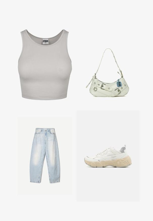 Hellgraues, geripptes Cropped Top mit Rundhalsausschnitt und breiten Trägern, aus dehnbarem Material gefertigt. Mit einem Urban Classics-Label in der Mitte.; Hellblaue Jeans aus Denim mit lockerer Passform, im ausgewaschenen Finish, zwei Fronttaschen und einem Knopfverschluss am Bund.; Weißer Sneaker mit Obermaterial aus Mesh und glattem Leder, ausgestattet mit einem gepolsterten Schaft, einer strukturierten Gummisohle und dezenten metallischen Akzenten.; Weißer synthetischer Handtasche mit geschwungener Silhouette, verstellbarem Tragegurt, dekorativer Schnalle, silberner Hardware und einem anhängenden blauen Etikett.