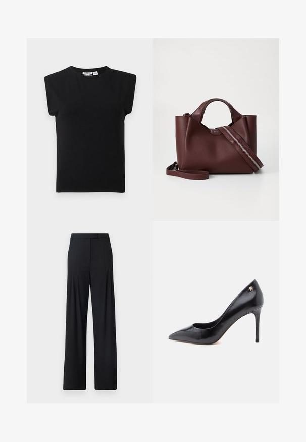 Top noir sans manches à col rond avec épaules rembourrées, présenté sur un fond blanc uni.; Pantalons larges noirs avec un devant plat, des plis et une taille ajustée. Fabriqués en tissu lisse et léger.; Escarpin en cuir noir à talon haut avec un bout pointu, présentant un design ajouré et un petit logo doré sur le talon.; Sac à main en cuir bordeaux avec une finition texturée, deux poignées courtes et une bandoulière amovible dotée d'un détail de fermeture éclair en argent.