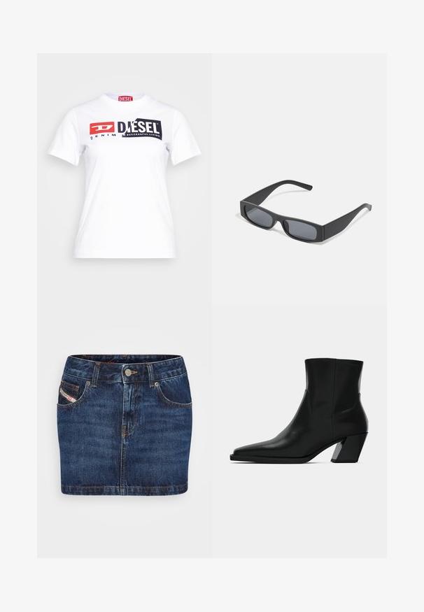 T-shirt en coton blanc avec un col ras du cou, présentant un logo Diesel noir et rouge audacieux et le texte "DENIM" dans un style contrasté. Manches courtes.; Jupe en denim bleu foncé avec une coupe ajustée, cinq poches et des coutures orange. Inclut un système de fermeture à bouton métallique à la taille.; Bottine en cuir noir avec un bout pointu, une silhouette élégante et un talon carré massif. Texture lisse avec des détails de couture minimalistes.; Lunettes de soleil noires rectangulaires avec des verres foncés et des montures en mat épais. Les branches sont légèrement effilées avec une texture lisse.
