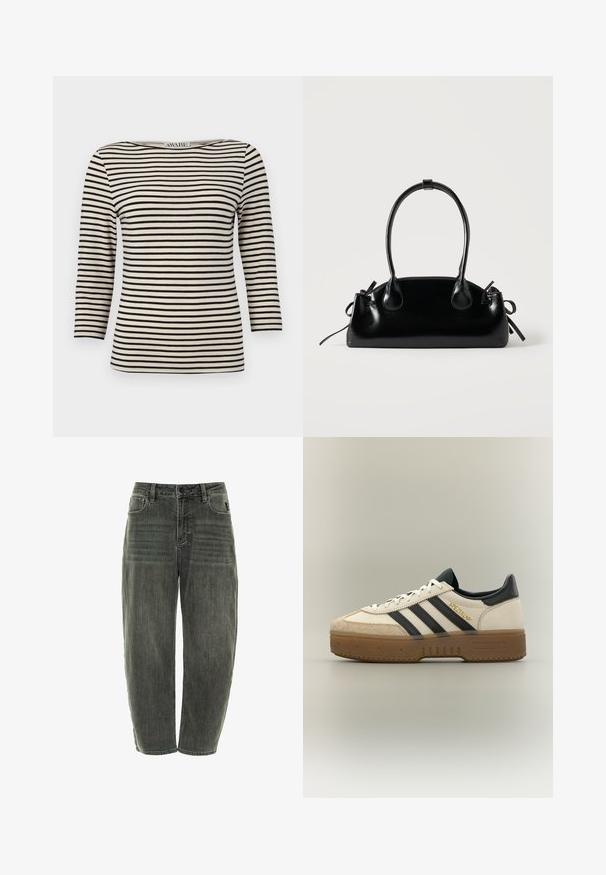 Sort og creme stribet langærmet top med bådudskæring. Stoffet har en glat tekstur og ensartet mønster. Casual design med en afslappet pasform.; Mørkegrå denimjeans med en afslappet pasform, der har fem lommer, knaplukning og diskret fading forann og bagpå.; Hvid Adidas sneaker med sorte striber, beige ruskindstå, brun sål og "SPEZIAL" i guldskrift på siden.; Lille sort blank håndtaske med to lange håndtag og snøre-detaljer i siden på en ensfarvet lys baggrund.