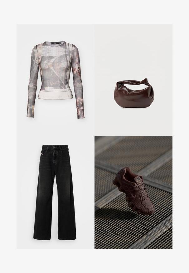 Langærmet, gennemsigtig bluse med et gråbrunt abstrakt mønster, rund halsudskæring og tætsiddende silhuet med let stræk.; Bredde ben sorte denimjeans med høj talje, med knaplukning, forlommer og en falmet struktur.; Brun Nike sneaker med tekstureret mesh-overdel, karakteristisk buet sål og polstret krave, vist mod en mønstret baggrund.; Mørkebrun læder skuldertaske med en blød, afslappet form og et snoet knudehåndtag på en ensartet hvid baggrund.
