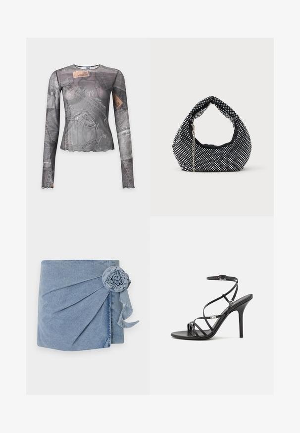 Langærmet tætsiddende top med printet denim mønster og Love Moschino mærker på en lys baggrund.; Denimindpakning med en lys blå nuance, intrikate plisseringer og en dekorativ blomst med et svævende bånd. Blød tekstur og afslappet design.; Sort højhælet sandal med tynde stropper, en ankelspænde, en glat læderoverflade og en slank stilethæl.; Sort mesh håndtaske prydet med sølvnitter, udstyret med et buet håndtag og en kædetraspe. Blød tekstur med en rund form.