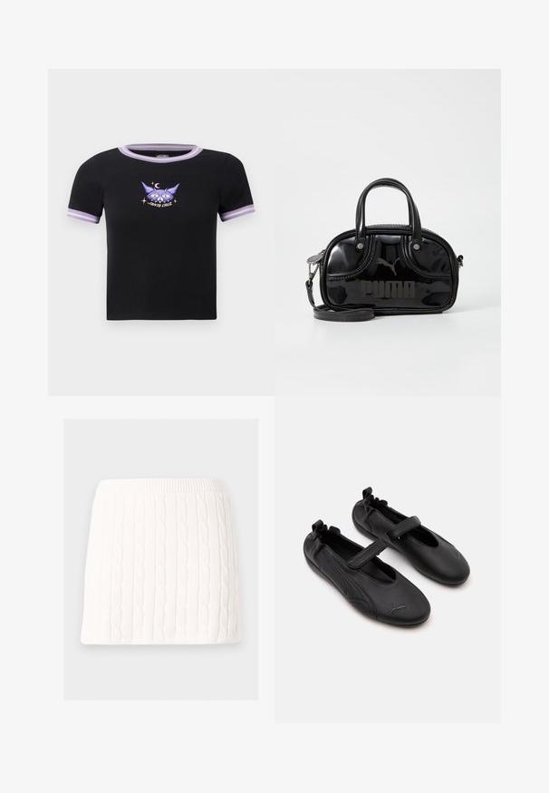 T-shirt noir à manches courtes avec une coupe ajustée, présentant des accents lilas sur les manches et le col, ainsi qu'un graphique d'un chat avec une lune croissante.; Mini-jupe blanche en maille avec motif torsadé et taille élastique sur fond uni.; Paire de chaussures en cuir noir style Mary Jane avec arrière élastiqué et bride velcro, avec un logo Puma discret sur chaque orteil.; Sac à main en cuir verni noir avec des poignées supérieures doubles, une bandoulière amovible, une forme arrondie et un logo "PUMA" en relief bien visible.