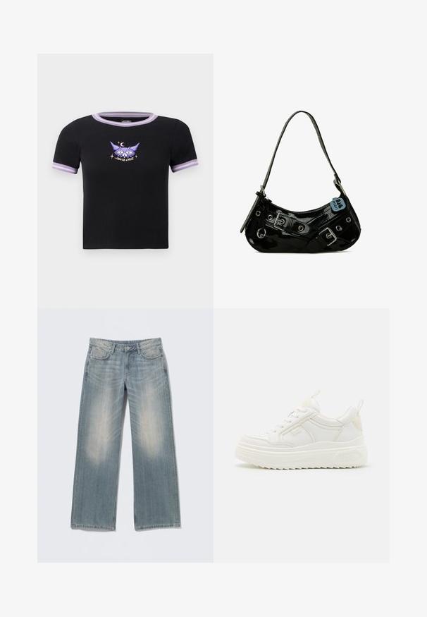 T-shirt noir à manches courtes avec une coupe ajustée, présentant des accents lilas sur les manches et le col, ainsi qu'un graphique d'un chat avec une lune croissante.; Jean bleu clair à jambes larges avec une finition délavée, en denim. Comprend des passants pour ceinture, des poches avant et une braguette zippée avec fermeture par bouton.; Baskets en cuir blanc avec une semelle épaisse, design à lacets et branding subtil. Présentent une texture lisse et un bout arrondi.; Sac à main en cuir verni noir avec une forme incurvée, présentant des ferrures en argent, des boucles décoratives et une bandoulière courte. Étiquette bleue attachée.