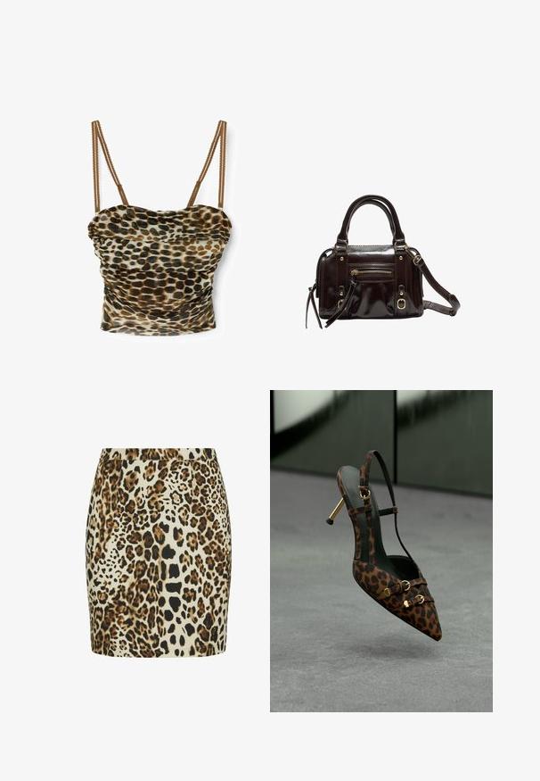Crop top imprimé léopard avec fines bretelles marron réglables et tissu froncé sur fond blanc.; Jupe en imprimé léopard avec une coupe ajustée, présentant des teintes de brun, noir et crème. Texture lisse avec une taille et un ourlet bien finis.; Escarpin à bout pointu avec bride arrière en tissu imprimé léopard, avec des accents de garniture dorée et une semelle noire. Talon aiguille de 5 cm.; Sac à main en cuir verni marron avec double poignées, bandoulière amovible, poche zippée à l'avant et accents en métal doré.
