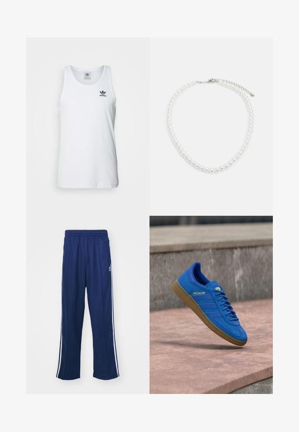 Valge sooniline tank top ümmarguse kaelusega, must Adidas logo vasakul rinnal ning ilma varrukateta. Pehme puuvillane materjal, juhuslik sobivus.; Tumed sinised spordipüksid lõdva lõikega, valgete külgtriipudega ja elastse vöökoha ning sileda kangaga, ilma nähtavate mustrite või lisadega.; Sinine Adidas Spezial toss kummist tallaga, paelad seotud, ripub sileda kivipinna kohal halli betoonseina lähedal.; Valge pärlkaelakee, millel on ühtlane ümar kuju, sile pind ja metallist kinnitusbüts koos pikendusahelaga reguleeritava pikkuse jaoks.