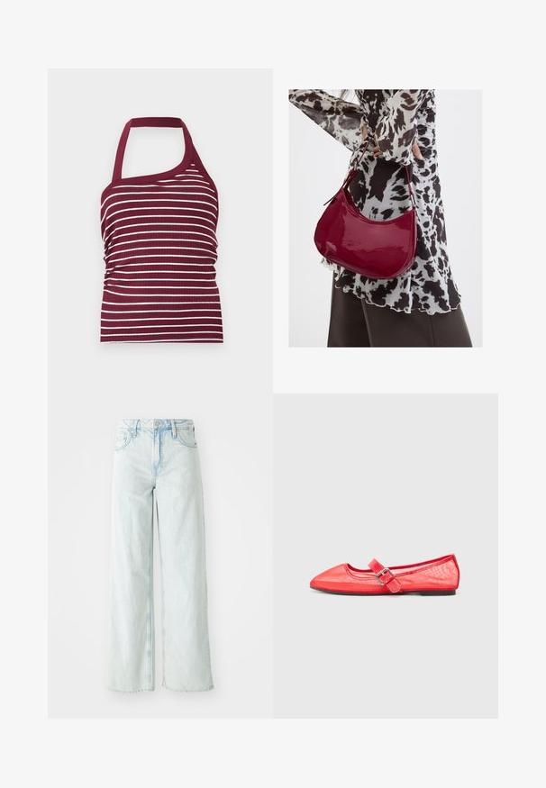 Bordeauxrød og hvidstribet ærmeløs top med en skulderrem og asymmetrisk halsudskæring, ribbet stoftekstur.; Lysblå, højttalende brede benjeans i denimstof. Har fem lommer og knaplukning. Slidte områder på lårene.; Røde spidse balletflader med en blank finish, der har en rem med en sølvspænde detalje og en flad sort sål.; Kvinde iført en sort- og hvidmønstret bluse, der holder en blank rød skuldertaske mod en ensfarvet baggrund.