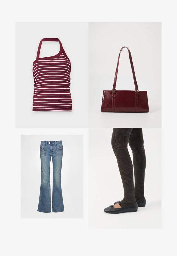 Haut sans manches rayé bordeaux et blanc avec une bretelle et un décolleté asymétrique, texture en tissu côtelé.; Jeans en denim bleu évasés avec une taille haute, deux poches avant à détails texturés, et une fermeture traditionnelle à boutons.; Jambes portant des leggings côtelés foncés associés à des ballerines noires avec de petits détails en nœud sur fond blanc.; Sac à main bordeaux en matériau brillant, de forme rectangulaire, avec deux anses et des accents légèrement courbés à l'avant.