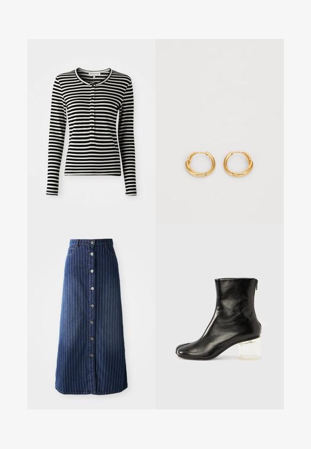 Sort/hvid stribet langærmet skjorte med rund halsudskæring, udstyret med en knaplukning og en slim-fit design. Blødt stoftekstur.; Mørk denim maxi nederdel med lodrette hvide striber, knaplukning foran og en let udvidelse i kanten. Har fem knapper og kontrastsyning.; Sort ankelstøvle i læder med rundet tå og klar blokhæl. Har lynlås i siden og en glat mat finish.; Guldfarvede hoops øreringe med en poleret finish, et tykt design og en hængsel-lukning for nem påsætning.