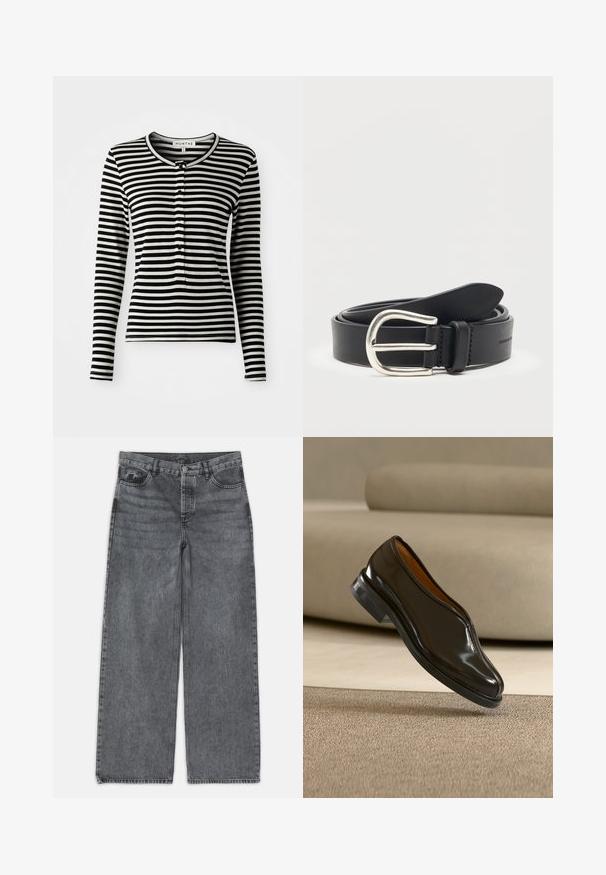 Sort/hvid stribet langærmet skjorte med rund halsudskæring, udstyret med en knaplukning og en slim-fit design. Blødt stoftekstur.; Bredde ben jeans i mørkegrå denim. Har høj talje, fem lomme design og forneden knaplukning. Glat tekstur med subtil fading.; Sort læder slip-on selskabssko, der svæver over beige tæppe med en buet beige sofa i baggrunden.; Sort læderbælte rullet med en sølv metal rundet spænde på en ens hvid baggrund.