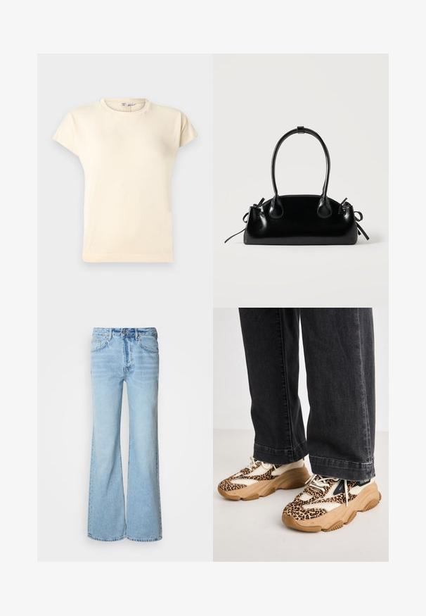 Kremfarvet t-shirt med korte ærmer og rund hals, med en let løs pasform og minimale syningsdetaljer.; Lyseblå jeans med flared ben, lavet af denim, med knapper foran, fem lommer og diskret falmet effekt.; Sneakers med leopardprint og mesh- og læderpaneler, tan-gummisål og kontrasterende sorte accenter. Båret med løstsiddende mørke jeans.; Lille sort blank håndtaske med to lange håndtag og snøre-detaljer i siden på en ensfarvet lys baggrund.