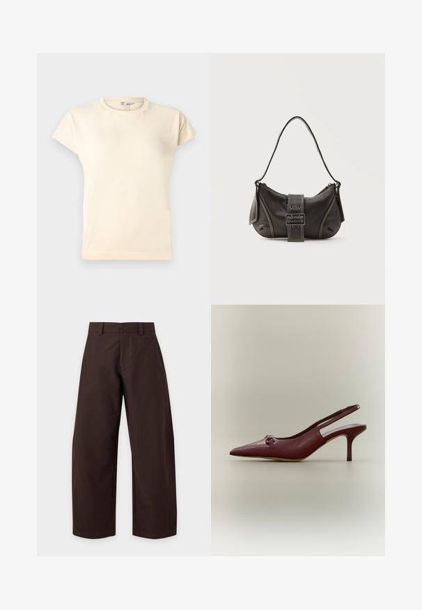 T-shirt à manches courtes de couleur crème avec un col rond, une coupe légèrement ample et des détails de couture minimalistes.; Pantalon large marron foncé avec passants de ceinture et détails de couture avant, présenté sur un fond clair uni.; Chaussure à talon haut slingback en cuir rouge foncé avec bout pointu et petit nœud décoratif à l'avant, vue de profil sur fond neutre.; Sac à épaule en cuir noir avec une sangle à boucle, des bords arrondis et des coutures blanches contrastées sur un fond uni.