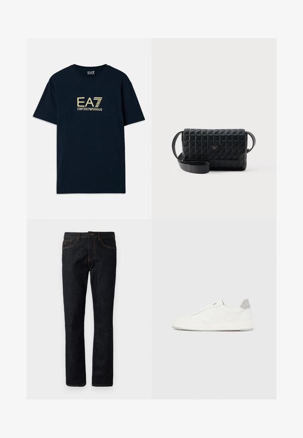 Marineblå bomulds T-shirt med et guld logo print "EA7 EMPORIO ARMANI" på brystet, korte ærmer og rund halsudskæring.; Mørkeblå slim-fit jeans med orange syninger, knaplukning og femlomme-design, præsenteret fladt mod en hvid baggrund.; Hvid lavtop-sneaker med gråt hælflig, hvide snørebånd og tekstureret sål, vist på en ensfarvet lys baggrund.; Sort tekstureret crossbodytaske med klaplukning og et lille metallogo foran, vist mod en ensfarvet baggrund.