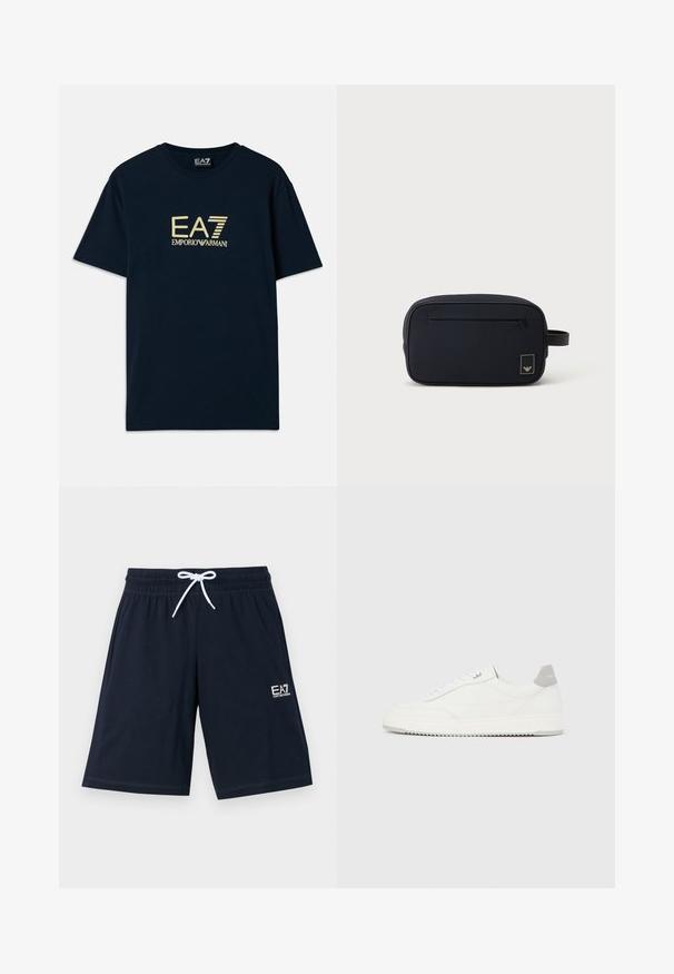 Camiseta de algodón azul marino con un estampado dorado del logo "EA7 EMPORIO ARMANI" en el pecho, mangas cortas y un escote redondo.; Pantalones cortos de color azul marino hechos de una tela suave con una cinturilla elástica y cordones blancos. Presentan un pequeño logo blanco en la parte inferior izquierda.; Zapatilla blanca de corte bajo con pestaña en el talón gris, cordones blancos y suela texturizada, presentada sobre un fondo claro y liso.; Bolsa de aseo rectangular negra con bolsillo frontal con cremallera y pequeño parche con logo, con correa de asa lateral.