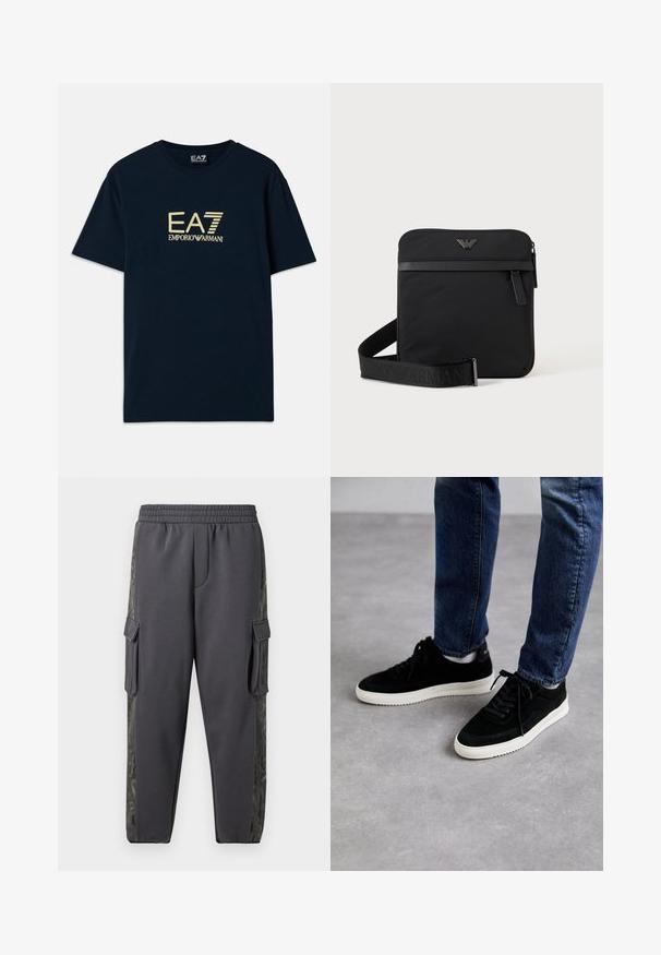 Námornícky modré bavlnené tričko s potlačou zlatého loga "EA7 EMPORIO ARMANI" na hrudi, krátke rukávy a okrúhly výstrih.; Šedé teplákové nohavice vyrobené z jemnej tkaniny, s cargo vreckami a vzorovaným bočným panelom pre pridanie detailu. Zahrnutý elastický pás.; Čierne semišové tenisky s bielou gumovou podrážkou, s klasickým nízkym strihom, zaoblenou špičkou a plochými čiernymi šnúrkami.; Čierna štvorcová kabelka cez rameno so zipsom, predným vreckom a nastaviteľným popruhom s vyrazeným názvom značky.