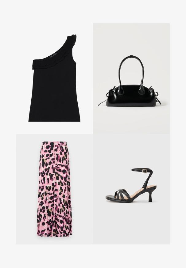 Zwarte top met één schouder en een ruchesnek. Glad, rekbaar materiaal. Eenvoudig en aansluitend ontwerp, zonder aanvullende patronen of accenten.; Roze rok met een dierenprint in zwart, goud en wit. Gladde stof met een vloeiend ontwerp. Halflange snit.; Zwarte sandalen met hakken, voorzien van meerdere dunne banden over de tenen, een enkele enkelband met een gouden gesp en een vierkante neus.; Kleine zwarte glanzende handtas met twee lange hengsels en zijkant trekkoord details op een effen lichte achtergrond.
