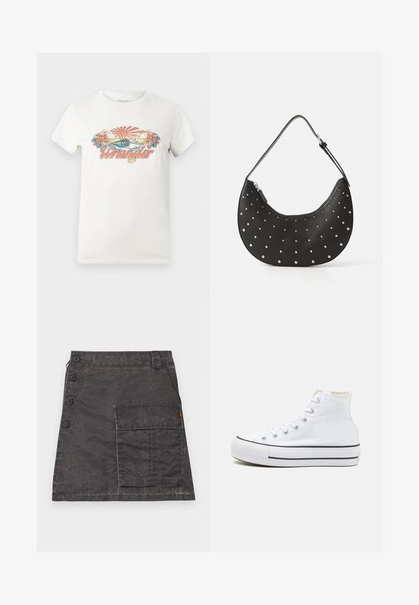 Camiseta blanca de algodón con un gráfico colorido que presenta un sol naciente, olas y flores, mostrando de manera destacada el logo "Wrangler" en rosa.; Falda gris hecha de tela texturizada con cierre de botones en la parte delantera y un bolsillo lateral. Presenta un sutil aspecto desgastado y detalles cosidos.; Zapatillas altas blancas de material de lienzo, con suela de goma negra y una franja negra en el mediopie. Punta circular y diseño de cordones.; Bolso de mano de cuero negro con forma curva, adornado con tachuelas plateadas, cuenta con cierre de cremallera y una sola correa ajustable.