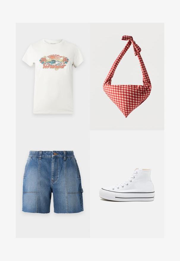 Hvid bomulds t-shirt med et farverigt grafisk motiv af en stigende sol, bølger og blomster, der tydeligt viser "Wrangler" logoet i pink.; Lysblå denim shorts med rå kant, der har en tætsiddende talje, bæltesløjfer og to forlommer.; Hvide høj-top sneakers lavet af kanvasmateriale, sort gummisål og kontrasterende sort stribe på mellemsålen. Rund tåhætte og snørebåndsdesign.; Blød stofskuldertaske med rødt og hvidt ternet mønster, håndtag med bundet knude og trekantet form mod en ensfarvet baggrund.