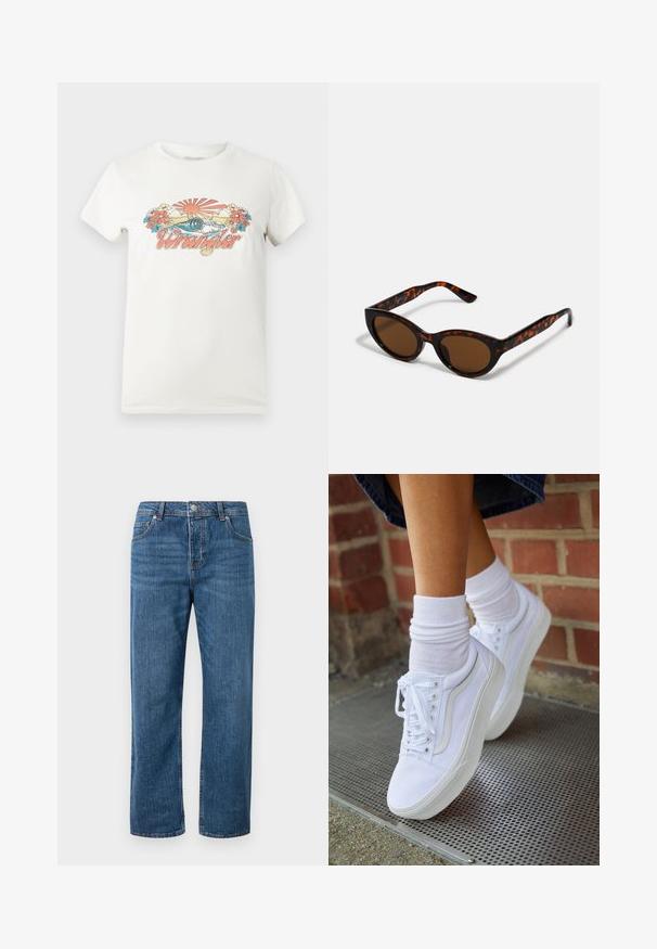 Witte katoenen t-shirt met een kleurrafisch ontwerp van een opkomende zon, golven en bloemen, met opvallend het "Wrangler"-logo in het roze.; Blauwe denim jeans met een rechte pijp en een hoge taille. Kenmerken zijn onder andere voorzakken, een knoopsluiting en subtiele stiksel details.; Witte canvas sneakers met rubberen zolen, voorzien van zes vetertjes, een ronde neus en lichte stikdetails, gecombineerd met witte enkelsokken.; Bruine schildpad zonnebril met een vintage cat-eye vorm en bruine lenzen. Heeft gebogen armen met rode accenten.