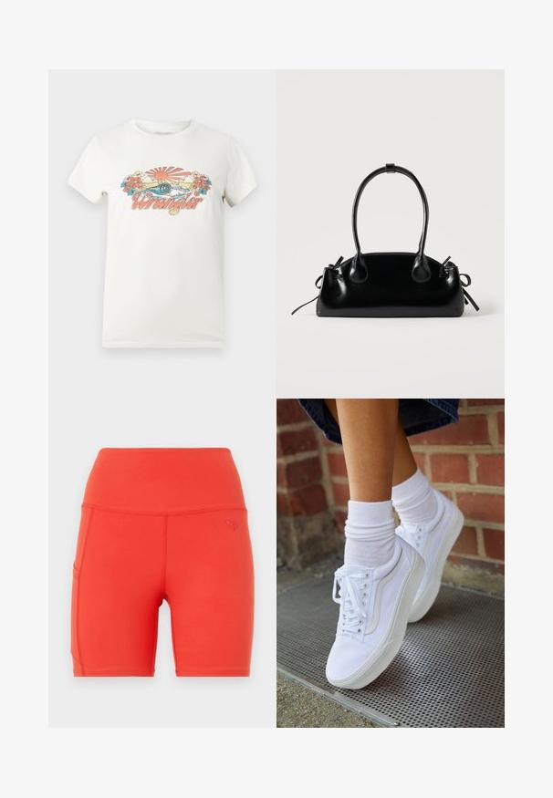 T-shirt en coton blanc avec un graphisme coloré représentant un soleil levant, des vagues et des fleurs, affichant en évidence le logo "Wrangler" en rose.; Shorts de sport rouges avec une taille haute, fabriqués à partir d'un matériau lisse et extensible. Comprend une poche latérale et un petit logo en relief.; Baskets en toile blanches avec semelles en caoutchouc, dotées de six œillets, d'un bout rond et de détails de couture légers, portées avec des chaussettes blanches mi-mollet.; Petit sac à main noir brillant avec deux longues anses et des détails à cordon sur les côtés sur un fond clair uni.