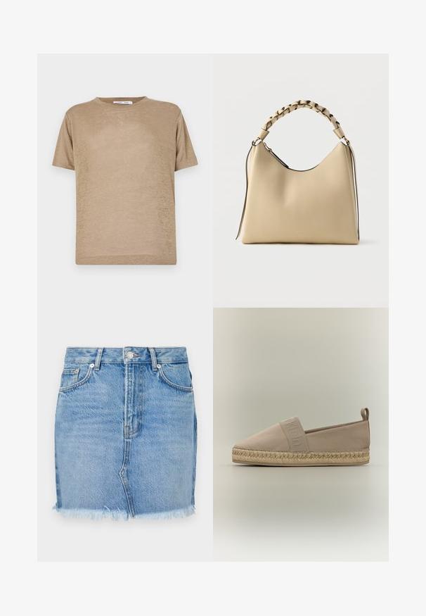 Beige kortærmet T-shirt lavet af letvægtsstof, med rund halsudskæring og en afslappet pasform med en glat overflade.; Blå denimnederdel med en tætsiddende pasform, rå kant og klassiske forlommer. Glat tekstur med lidt falming for et afslappet look.; Beige slip-on espadrille med flettet jutesål, elastikbånd over toppen med præget mærkenavn og stofløfteflig ved hælen.; Beige læderhåndtaske med flettet håndtag og blød form. Har minimal hardware og en kontrasterende kantdetalje.