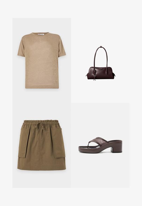 Beige kortærmet T-shirt lavet af letvægtsstof, med rund halsudskæring og en afslappet pasform med en glat overflade.; Oliven grøn, knælang nederdel med elastisk talje, snøre og to store sidelommer. Fremstillet af letvægtsstof med synlige sømme.; Brun sandal med hæl med mesh-rem og tæst design, med blokhæl og syet sål, vist i profil mod hvid baggrund.; Mørkebrun lædertaske fra Calvin Klein med lange dobbelte håndtag og en lille logohængende ved det ene håndtag.