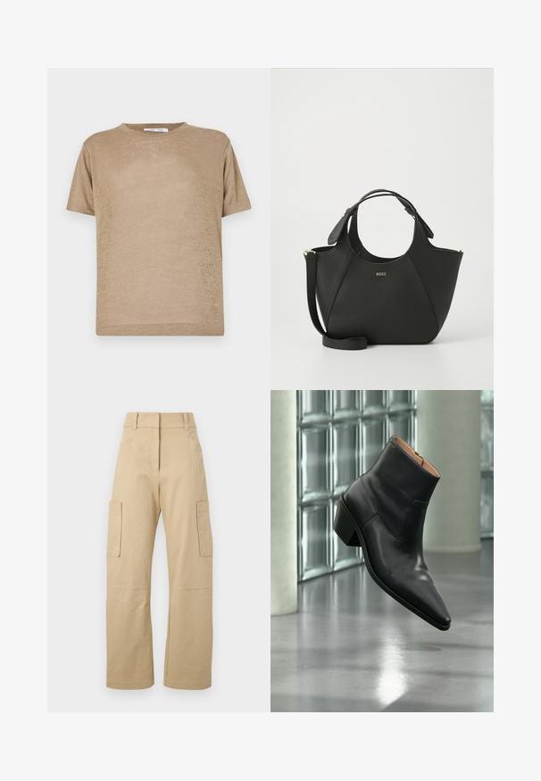 Camiseta de manga corta de color beige, hecha de tejido ligero, con un cuello redondo y un corte relajado, de textura suave.; Pantalones cargo beige de algodón, con una cintura alta, perneras anchas, dos bolsillos laterales y dos grandes bolsillos cargo en los muslos.; Botín de piel negra con puntera puntiaguda y tacón cuadrado que levita sobre un suelo gris reflectante cerca de una pared de bloques de cristal.; Bolso de mano de piel negra con superficie texturizada, diseño curvado, asas dobles y una correa desmontable. Presenta un logotipo de la marca en la parte frontal.