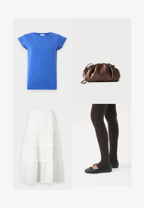 T-shirt bleu pour femme à manches courtes, col rond, tissu lisse et petites manches type épaulettes, présenté sur fond blanc uni.; Jupe midi blanche à volants avec panneaux alternés unis et en dentelle à œillets, avec un léger volant aux coutures.; Jambes portant des leggings côtelés foncés associés à des ballerines noires avec de petits détails en nœud sur fond blanc.; Sacoche en cuir marron doux avec un haut froncé et une fine bandoulière, posée sur un fond blanc.