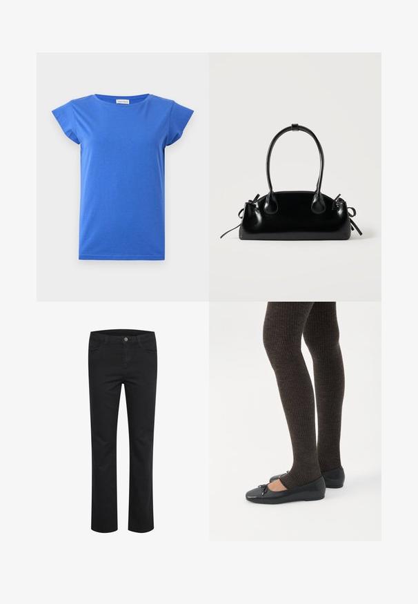 Blauw dames T-shirt met korte mouwen, ronde hals, gladde stof en lichte kapmouwen, weergegeven op een effen witte achtergrond.; Zwarte denim broek met een rechte pasvorm, voorzien van twee voorkruiszakken en een enkele metalen knop aan de tailleband. Gladde textuur.; Benen met donkere geribbelde leggings gecombineerd met zwarte ballerina's met kleine strikdetails op een witte achtergrond.; Kleine zwarte glanzende handtas met twee lange hengsels en zijkant trekkoord details op een effen lichte achtergrond.
