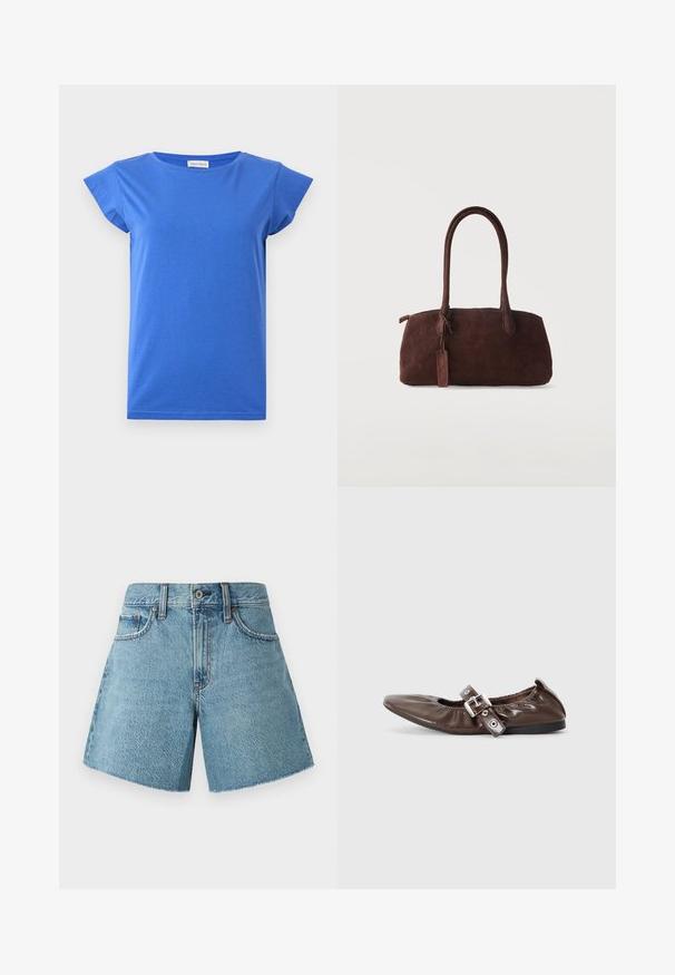 Blaues Damen-T-Shirt mit kurzen Ärmeln, rundem Halsausschnitt, glattem Stoff und leicht angeschnittenen Ärmeln, auf weißem Hintergrund gezeigt.; Jeansshorts in hellblau, mit hohem Bund, fünf Taschen und rohem Saum. Hergestellt aus strukturiertem Baumwollstoff mit klassischem Design.; Braunes Lackleder-Ballerina mit spitzem Zeh, elastischem Schleifendetail und silberner Schnallenakzent an der Seite. Schwarze Gummisohle.; Dunkelbraune Wildleder-Handtasche mit zwei langen Henkeln und einem kleinen befestigten Anhänger vor einem schlichten, hellen Hintergrund.