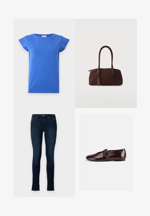 Blauw dames T-shirt met korte mouwen, ronde hals, gladde stof en lichte kapmouwen, weergegeven op een effen witte achtergrond.; TOM TAILOR DENIM TTJONA SKINNY FIT - Jeans Skinny Fit - used dark stone blue denim; Donkerbruine lakleren platte schoen met een grote gouden gesp en een afgeronde teen, zijaanzicht op een witte achtergrond.; Donkerbruine suède handtas met twee lange hengsels en een klein bevestigd label, tegen een effen lichte achtergrond.