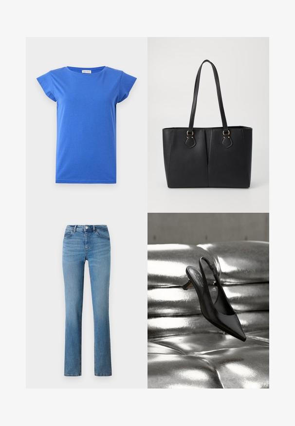 Blå kortærmet dame t-shirt med rund halsudskæring, glat stof og let kappelignende ærmer, vist på en ensartet hvid baggrund.; Lyseblå denimjeans med lige ben, forsynet med lynlås, knaplukning og syede lommer foran og bagpå.; Sort spids slingback-sko med blank læderfinish, der har en lav blokhæl og en slank ankelrem, svævende over en metallisk overflade.; Sort faux læder tote taske med en tekstureret finish, to lange håndtag og hardware i guld tone-accenter på siden. Rektangulær form.