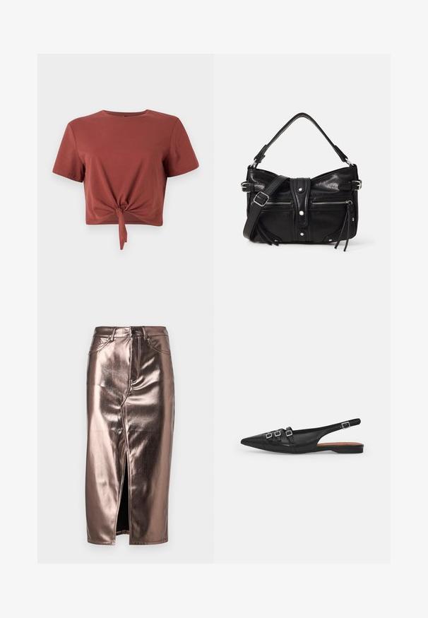 Rostfarvet cropped t-shirt i blød bomuld med korte ærmer og knyttet frontdetalje. Glat tekstur, rund halsudskæring.; Metallic bronze midi-nederdel med en frontslids, der har et klassisk denimsnit, fem lommer og en knaplukning i taljen.; Sort læderslyngeflad sko med spids tå, der har to vandrette stropper og firkantede sølvspænder, lav hæl og glat tekstur.; Even&Odd by Zalando H24462 - Håndtasker - black
