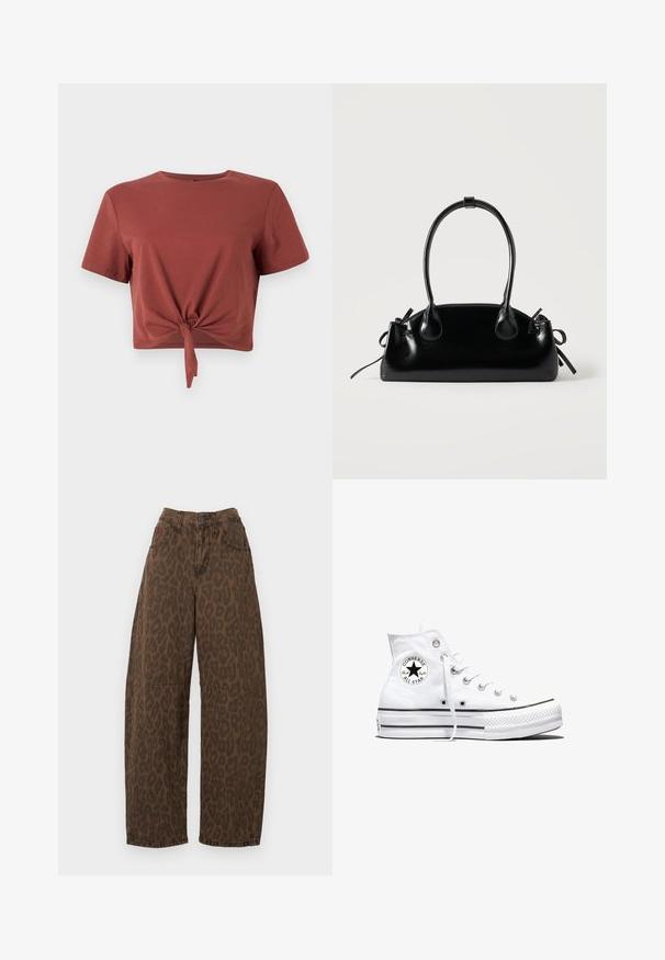 Rostfarvet cropped t-shirt i blød bomuld med korte ærmer og knyttet frontdetalje. Glat tekstur, rund halsudskæring.; Brune leopardmønstret vidde ben jeans med høj talje, knaplukning og to forlommer. Fremstillet af denimstof med en glat overflade.; Hvid højtop Converse Chuck Taylor All Star-sneaker med sort logo-patch og hvide snørebånd, vist på hvid baggrund.; Lille sort blank håndtaske med to lange håndtag og snøre-detaljer i siden på en ensfarvet lys baggrund.