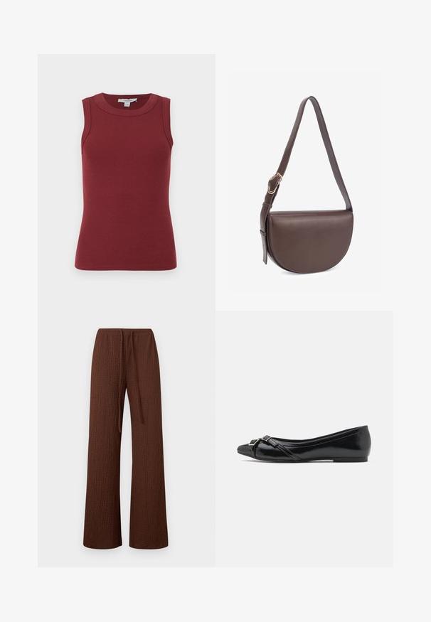 Débardeur en maille côtelée sans manches de couleur rouge foncé avec un col rond et une silhouette ajustée.; Pantalon large marron texturé avec une taille élastique et un cordon assorti en tissu à nouer à l'avant.; Ballerines en cuir verni noir avec un bout pointu, dotées de lanières croisées et d'un petit détail de boucle en argent à l'avant.; Sac bandoulière en cuir marron avec une forme courbée, une sangle réglable et des détails en métal doré. Texture lisse et design minimaliste.