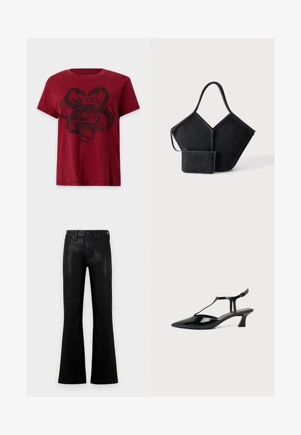 T-shirt rouge à manches courtes avec un graphisme noir de trois serpents entrelacés et un texte délavé indiquant Zadig Voltaire et Rock 'n' Roll.; Jean noir taille haute avec une légère évasement, fermeture avant par bouton et fermeture éclair, et style à cinq poches sur un fond clair uni.; Chaussure slingback en cuir verni noir à bout pointu avec bride en T et petit talon bloc incliné sur fond blanc.; Sac cabas géométrique noir avec une large anse unique et une petite pochette zippée assortie attachée, sur un fond clair uni.