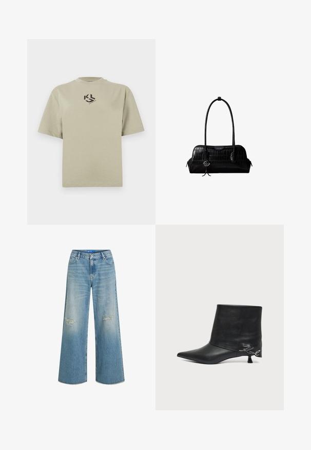 Lühikeste varrukatega, suuruses oversized t-särk heledast khaki puuvillast, millel on must graafiline logo rinnal. Ümar kaelus, mugav lõige.; Heledad sinine denimpüksid, millel on kulunud põlvete kohad ja narmendav äär. Klassikaline viie tasku disain ja nööpkinne.; Mustast nahast pahkluu saabass terava ninaga, lühikese kassisaba kontsa ja hõbedase kirjastiiliga detailiga kandade lähedal.; Mustast krokodillinahast õlakott pikkade rihmade ja ühe rihma peal väikese hõbedase logoga ripatsiga.