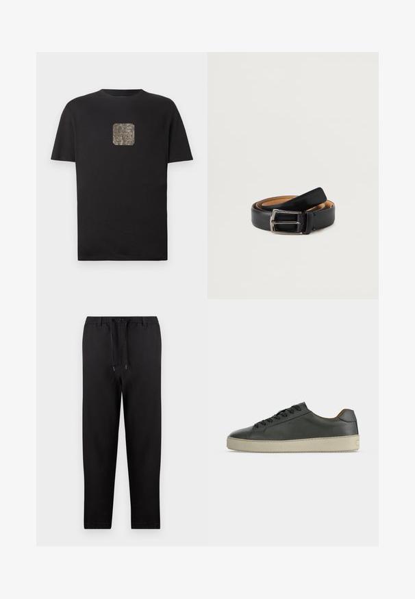 T-shirt en coton noir avec un design en forme de carré, orné de clous dorés à l'avant. Manches courtes, col rond et coupe décontractée.; Pantalon noir droit avec taille élastique, cordon réglable et fermeture par bouton, présenté sur un fond uni.; Baskets basses en cuir noir avec lacets noirs et semelle en caoutchouc écrue, vues de côté extérieur sur fond blanc.; Ceinture en cuir noir au fini lisse, dotée d'une boucle rectangulaire couleur argent et d'une doublure intérieure marron contrastante.